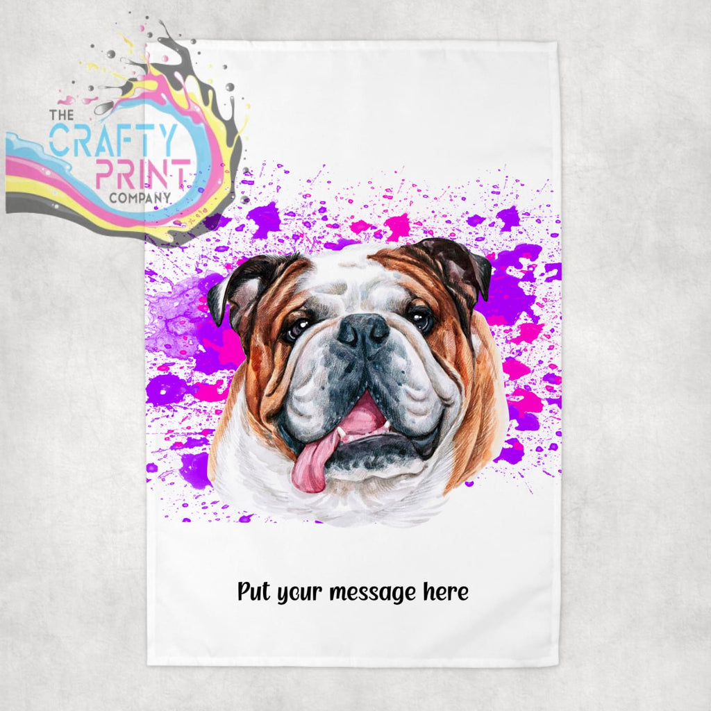 English Bulldog Paint Splatter Personalised Tea Towel - Pink