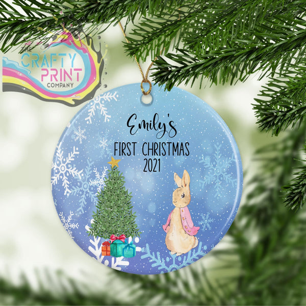 First Christmas Rabbit Ceramic Ornament - Pink Coat -