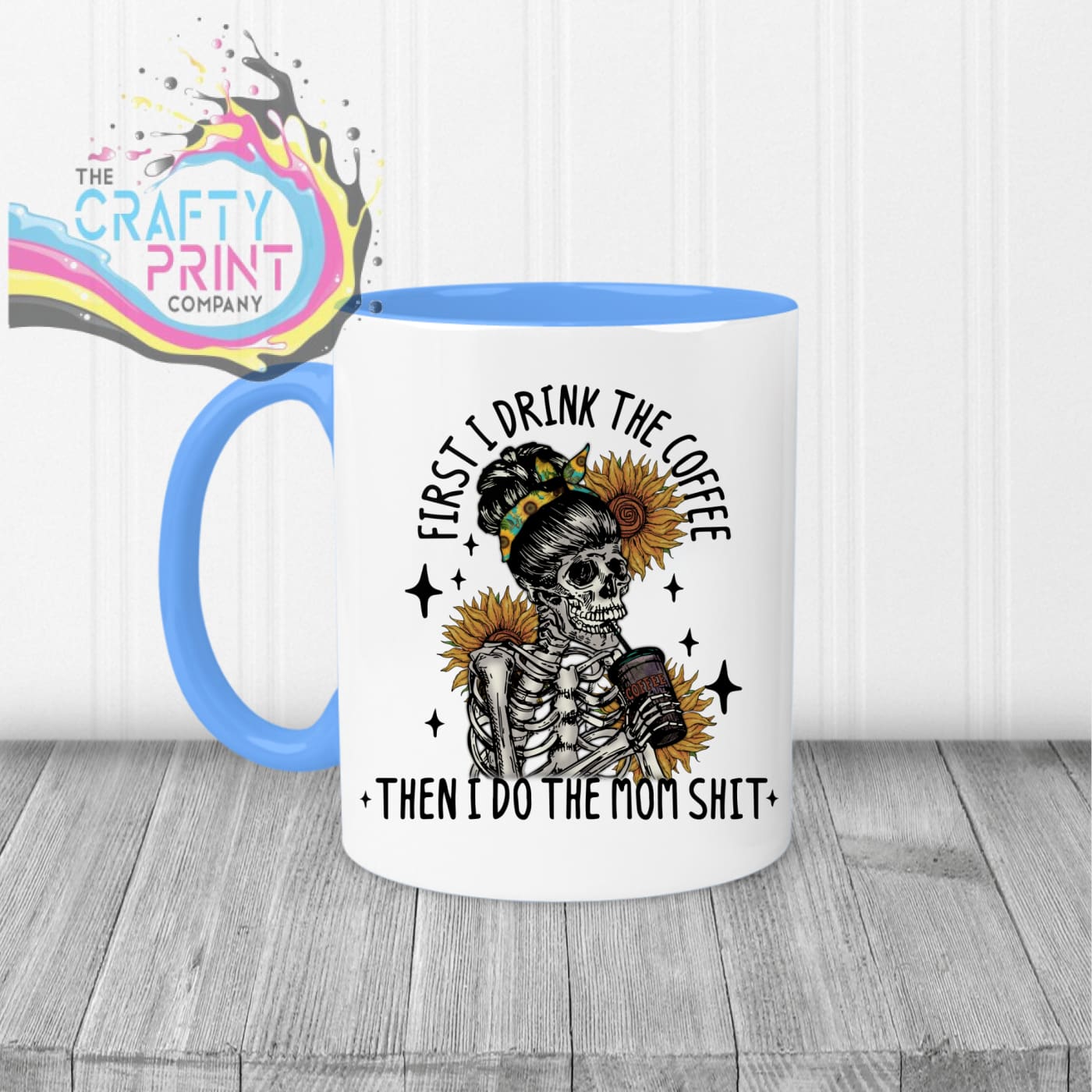 First I drink the Coffee Mug - Blue Handle & Inner - Mugs