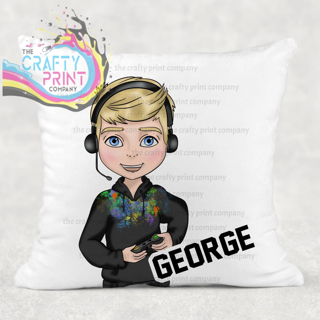 Gamer Boy Black Hoodie Personalised Cushion - Blonde Hair /