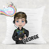 Gamer Boy Black Hoodie Personalised Cushion - Brown Hair