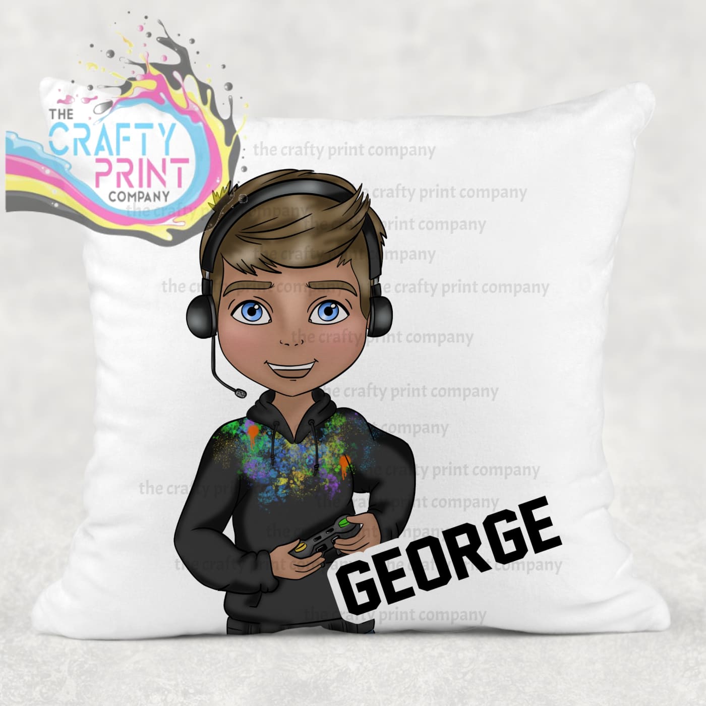 Gamer Boy Black Hoodie Personalised Cushion - Brown Hair