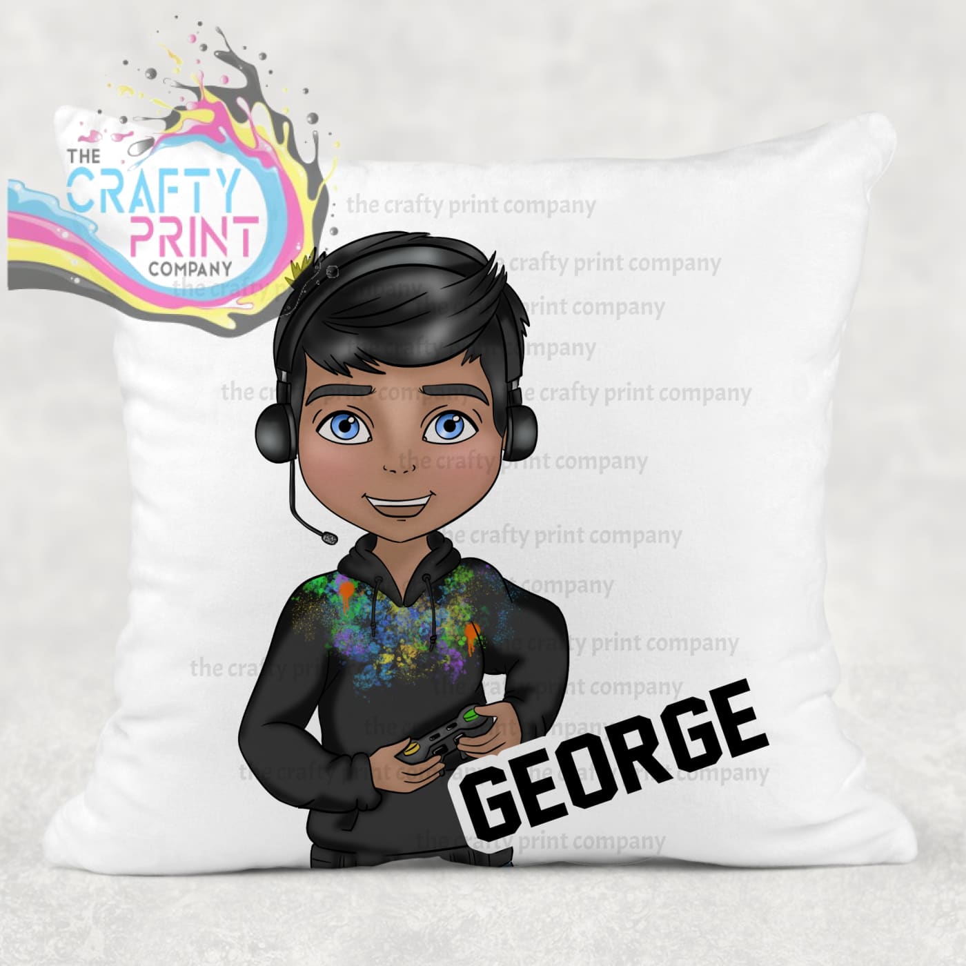 Gamer Boy Black Hoodie Personalised Cushion - Hair Dark