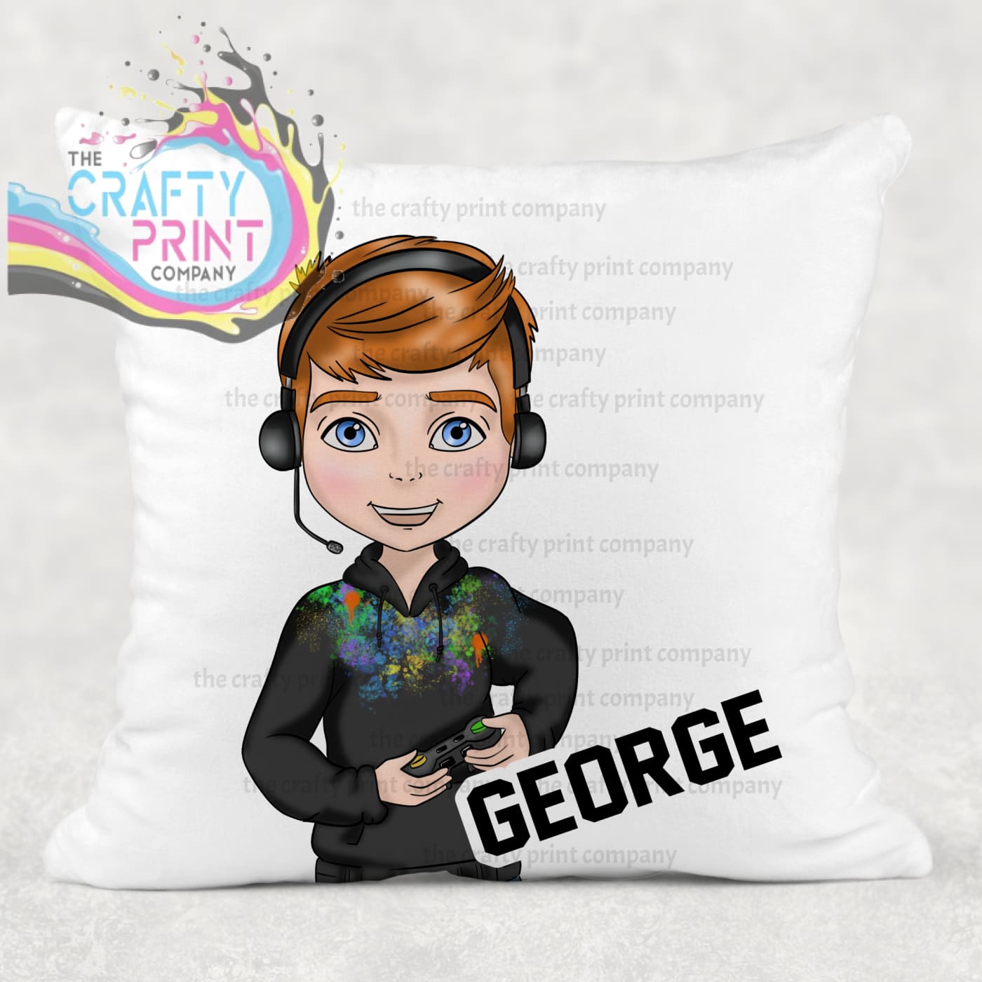 Gamer Boy Black Hoodie Personalised Cushion - Red Hair