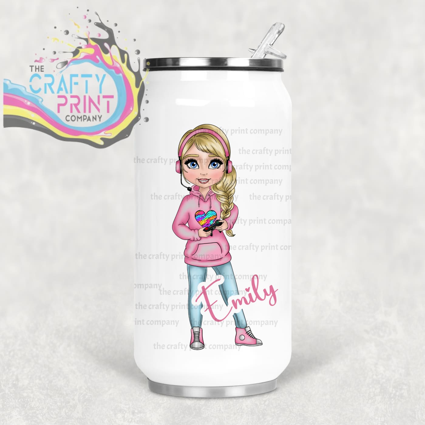 Gamer Girl Pink Personalised Coke Can Bottle with Straw -