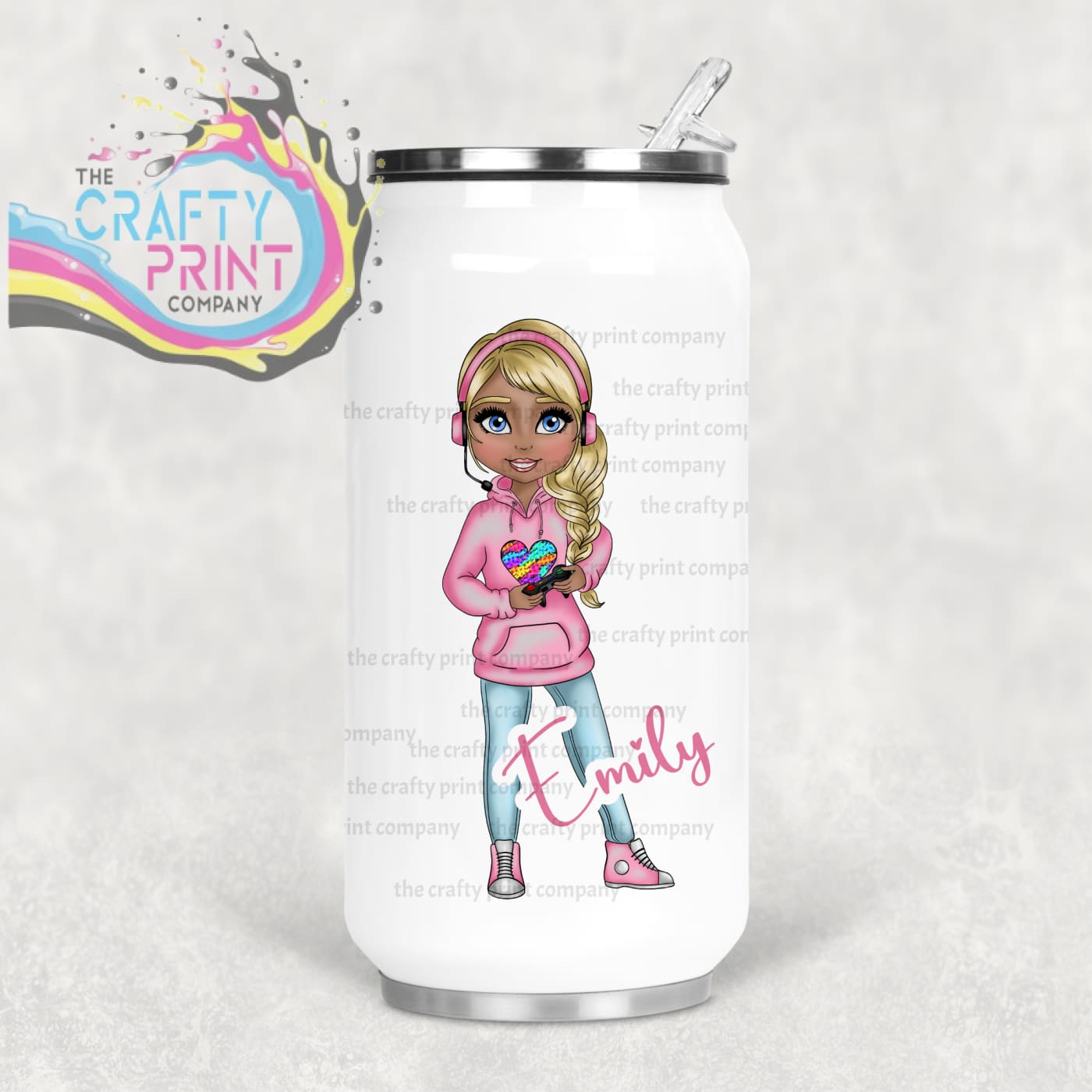 Gamer Girl Pink Personalised Coke Can Bottle with Straw -