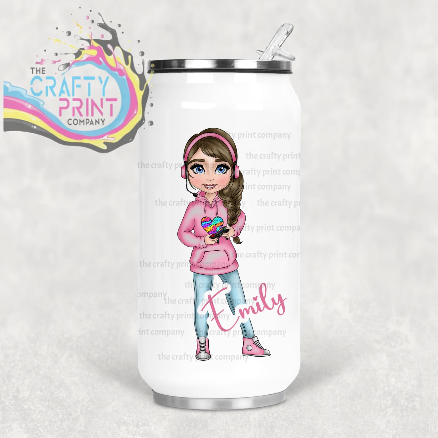 Gamer Girl Pink Personalised Coke Can Bottle with Straw -