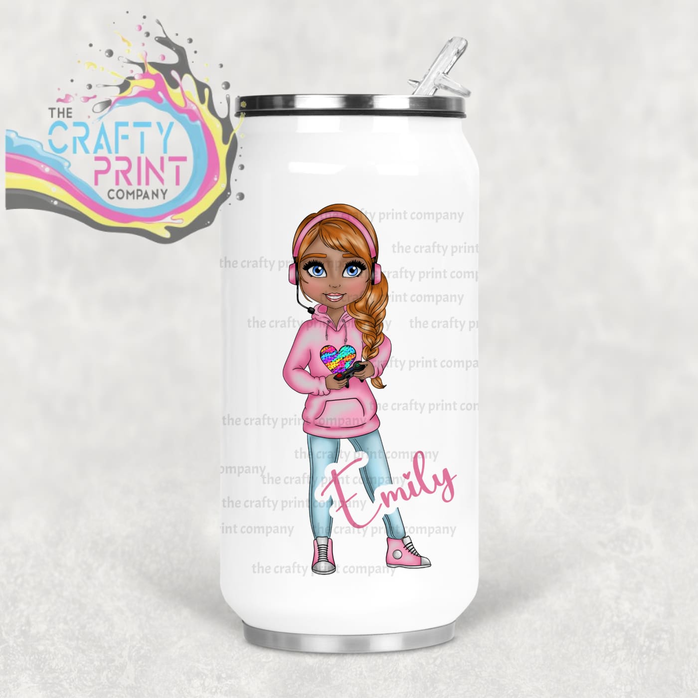 Gamer Girl Pink Personalised Coke Can Bottle with Straw -