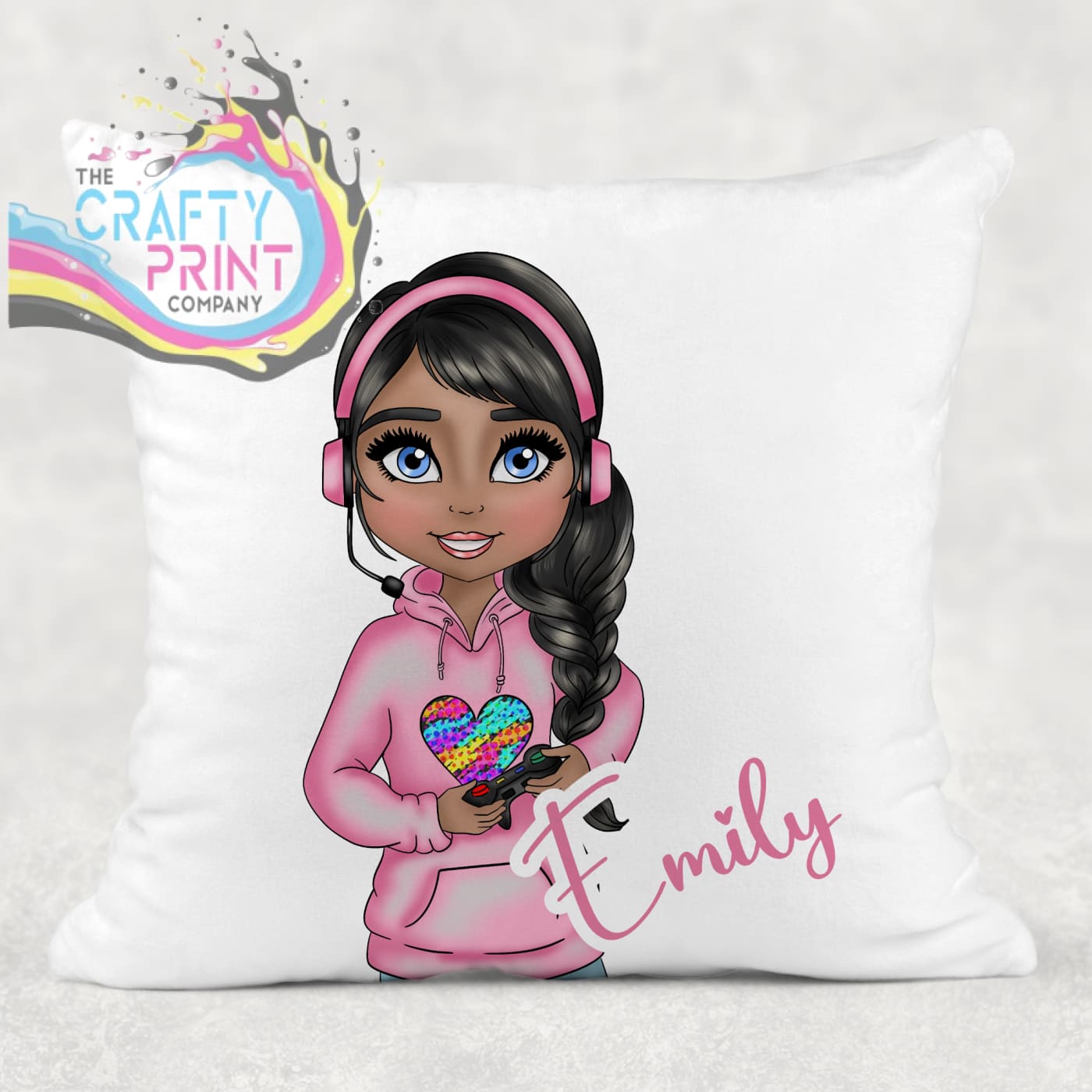 Gamer Girl Pink Personalised Cushion - Black Hair Dark Skin