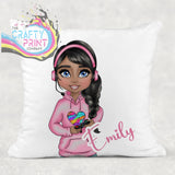 Gamer Girl Pink Personalised Cushion - Black Hair Dark Skin