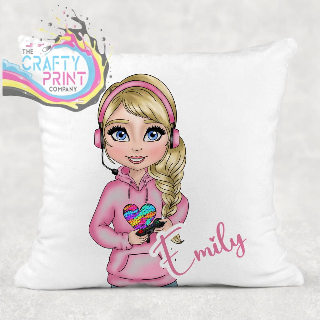 Gamer Girl Pink Personalised Cushion - Blonde Hair / Blue