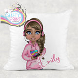 Gamer Girl Pink Personalised Cushion - Brown Hair Dark Skin