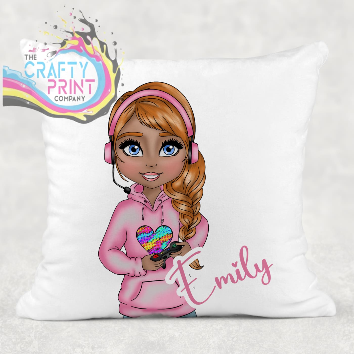 Gamer Girl Pink Personalised Cushion - Red Hair Dark Skin