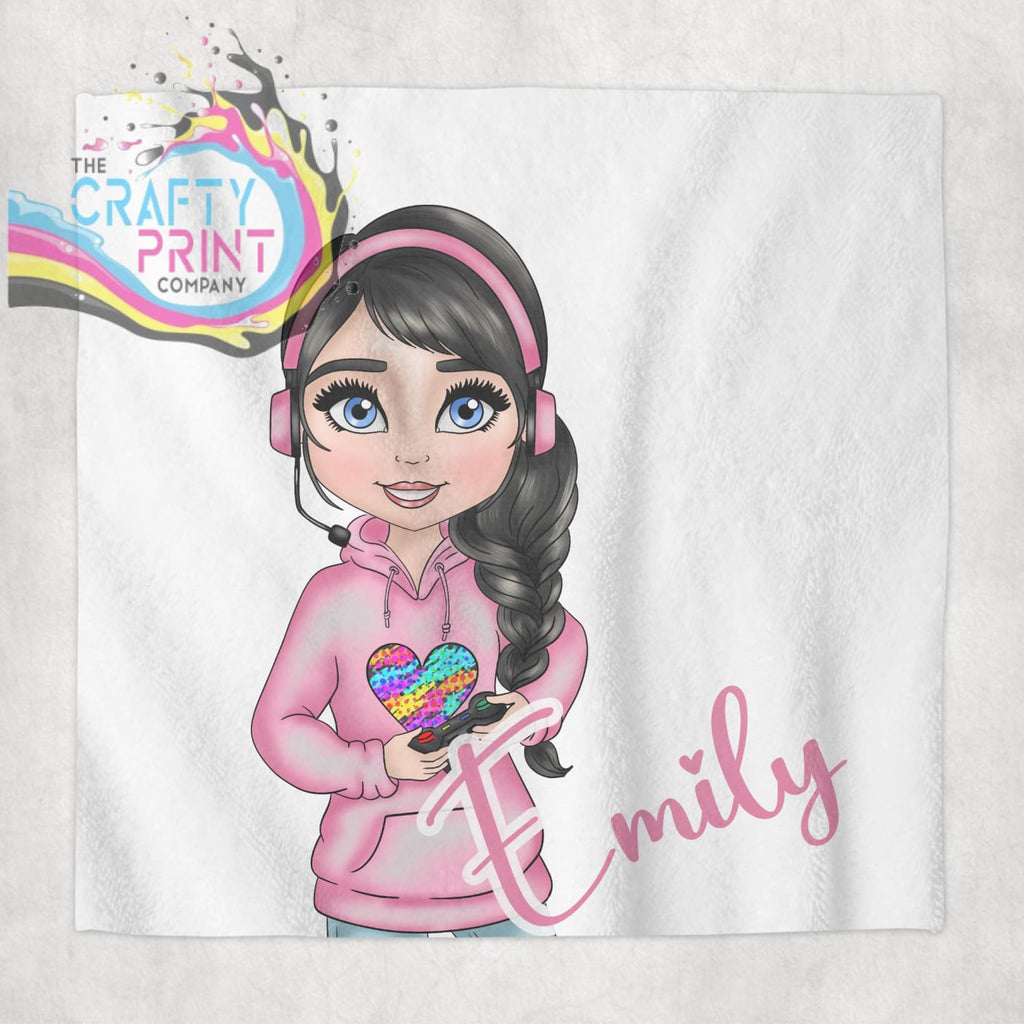 Gamer Girl Pink Personalised Face Cloth - Black Hair / Blue