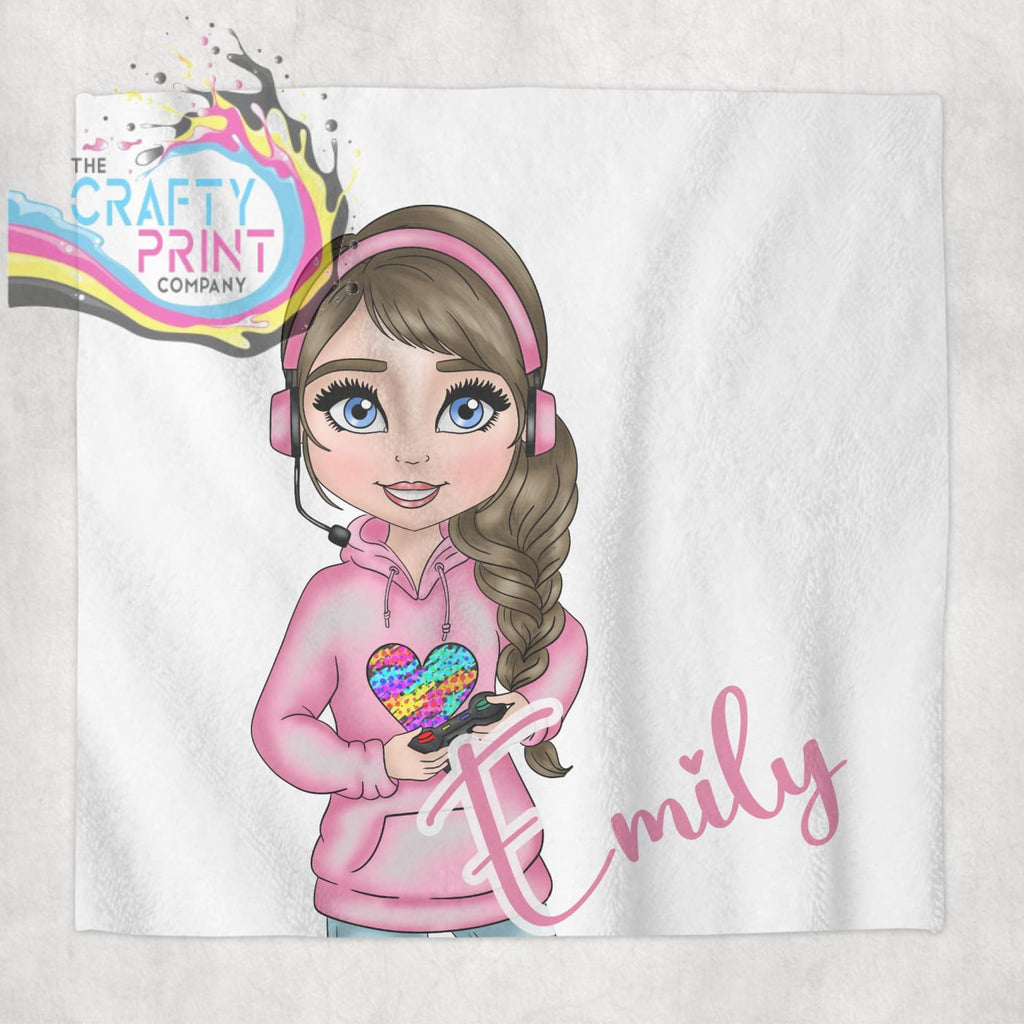Gamer Girl Pink Personalised Face Cloth - Brown Hair / Blue