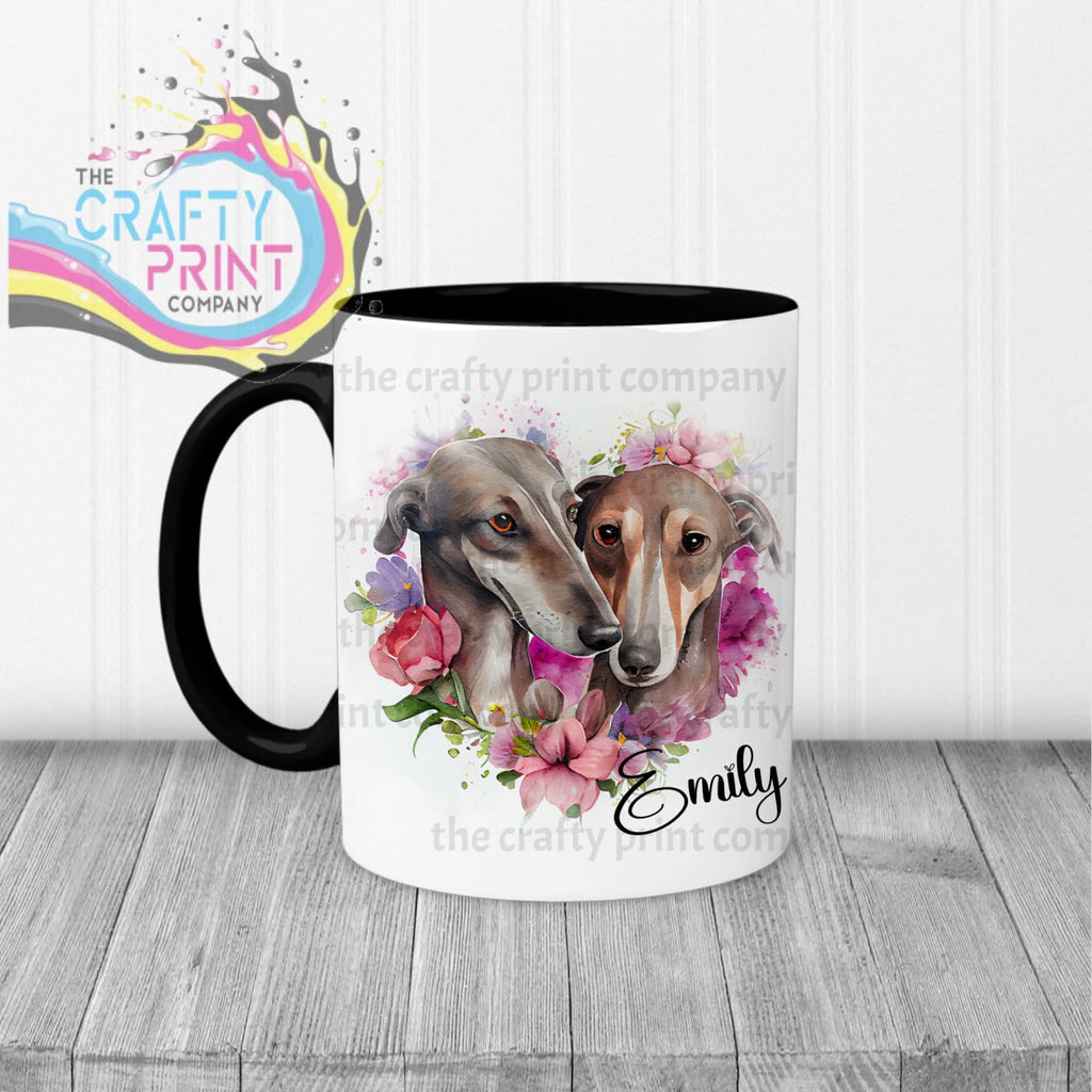 Greyhounds Floral Personalised Mug - Black Handle & Inner -