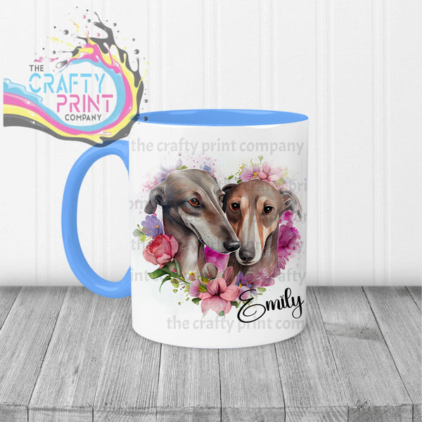Greyhounds Floral Personalised Mug - Blue Handle & Inner -