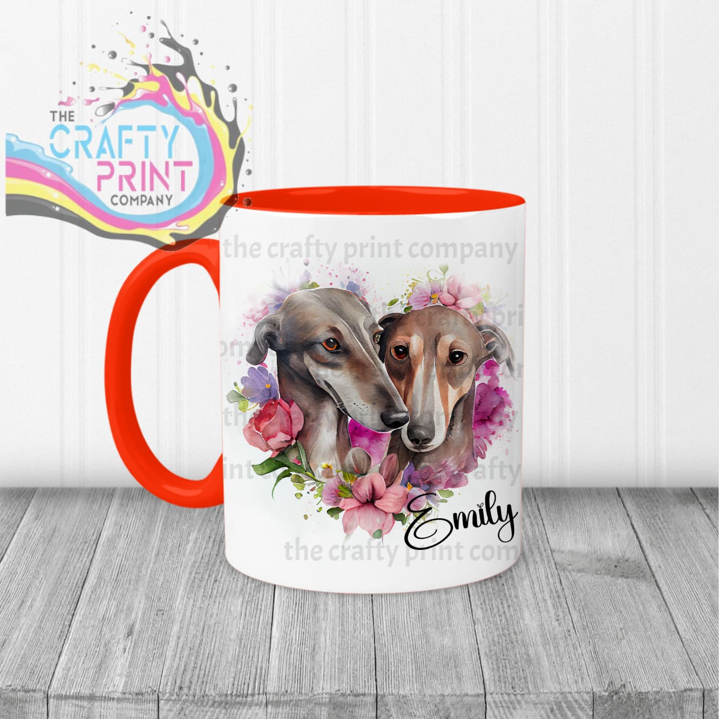 Greyhounds Floral Personalised Mug - Red Handle & Inner