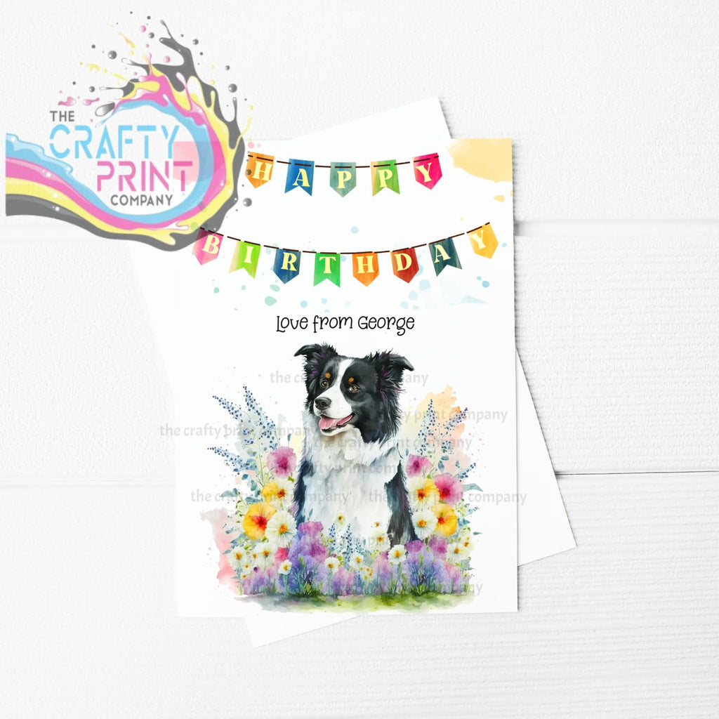 Happy Birthday Bunting Border Collie Flowers A5 Card -