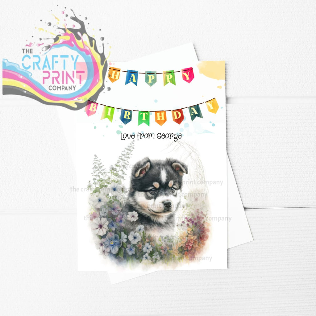 Happy Birthday Bunting Dark Malamute Puppy Flowers A5 Card -