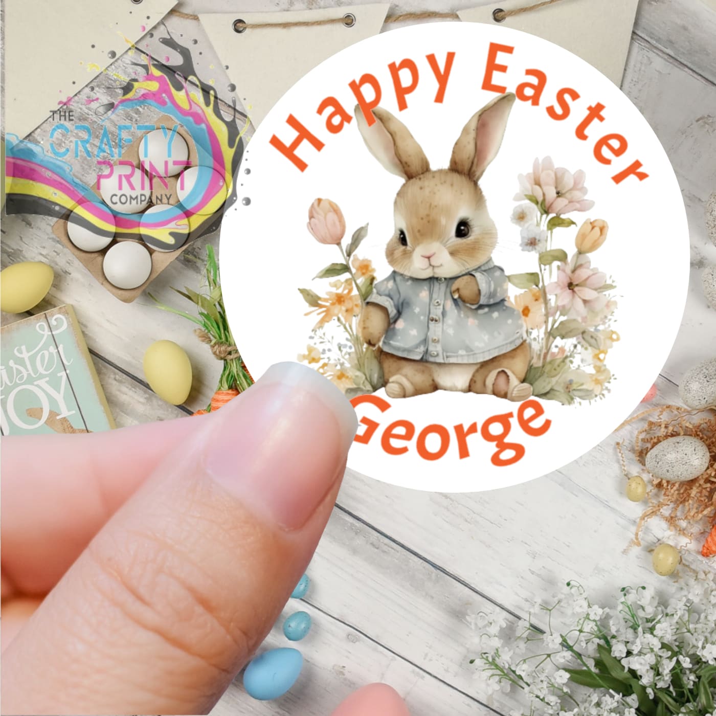 Happy Easter Personalised Bunny Flowers Printed Sticker