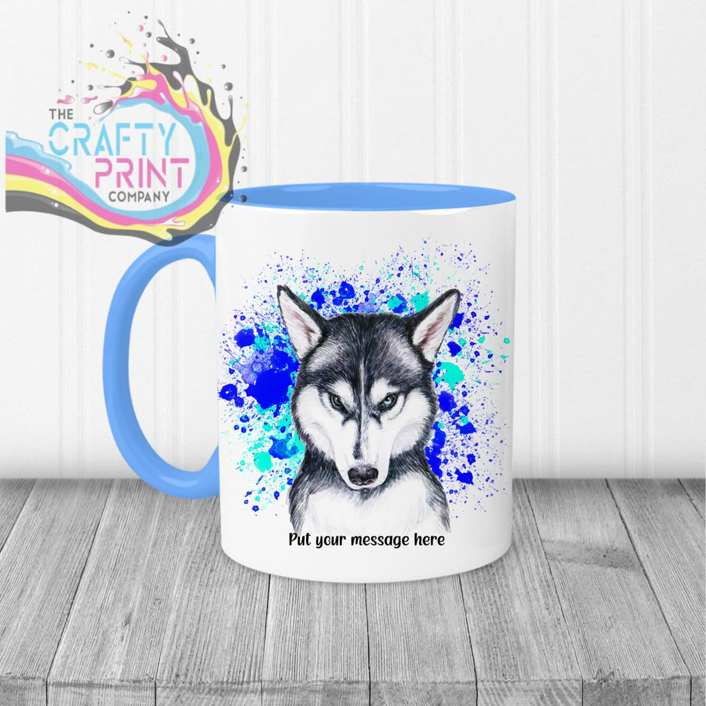 Husky Paint Splatter Personalised Mug - Blue Handle & Inner
