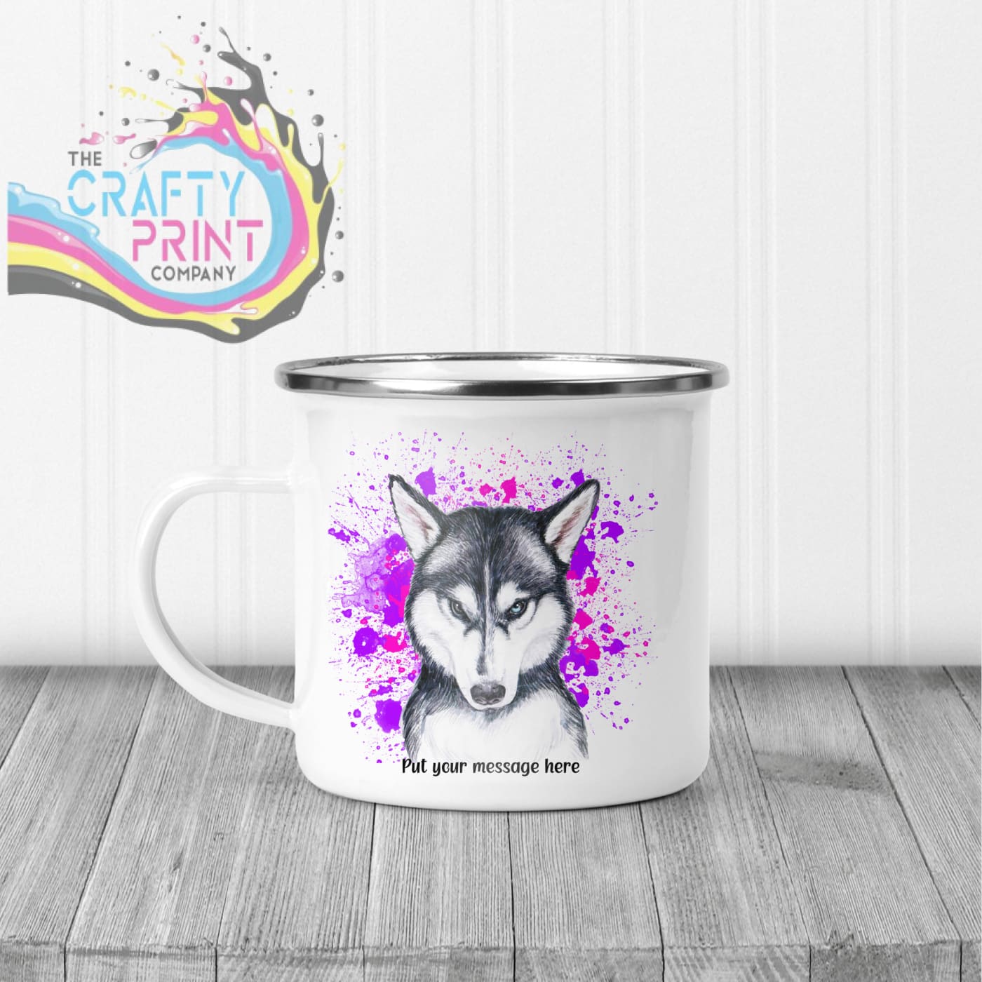 Husky Paint Splatter Personalised Mug - Enamel / Pink