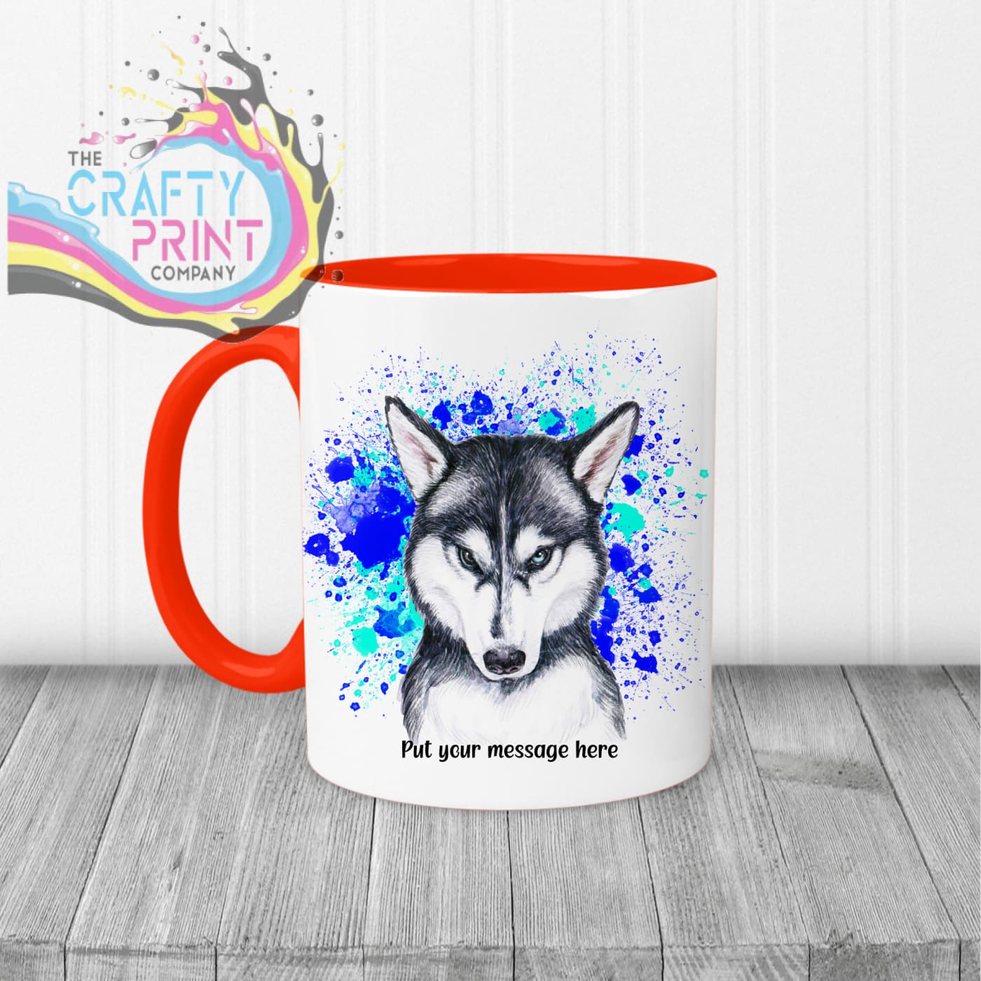 Husky Paint Splatter Personalised Mug - Red Handle & Inner