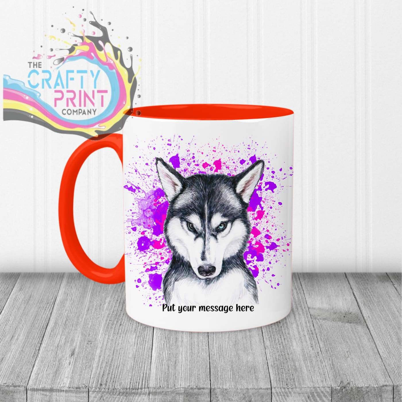 Husky Paint Splatter Personalised Mug - Red Handle & Inner