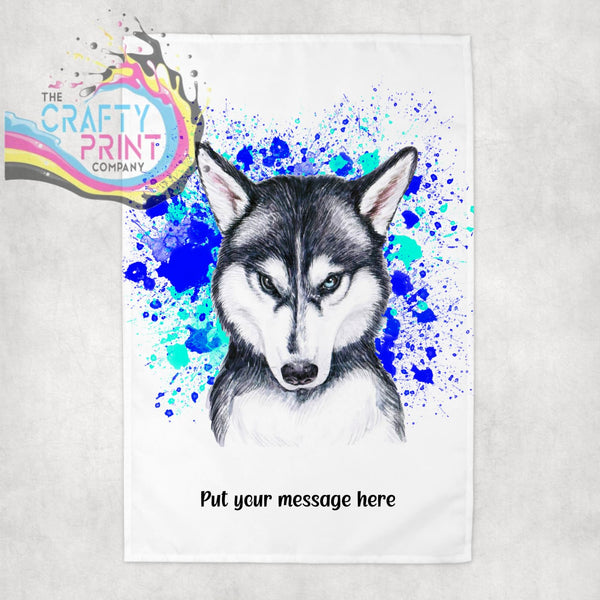 Husky Paint Splatter Personalised Tea Towel - Blue - Green -