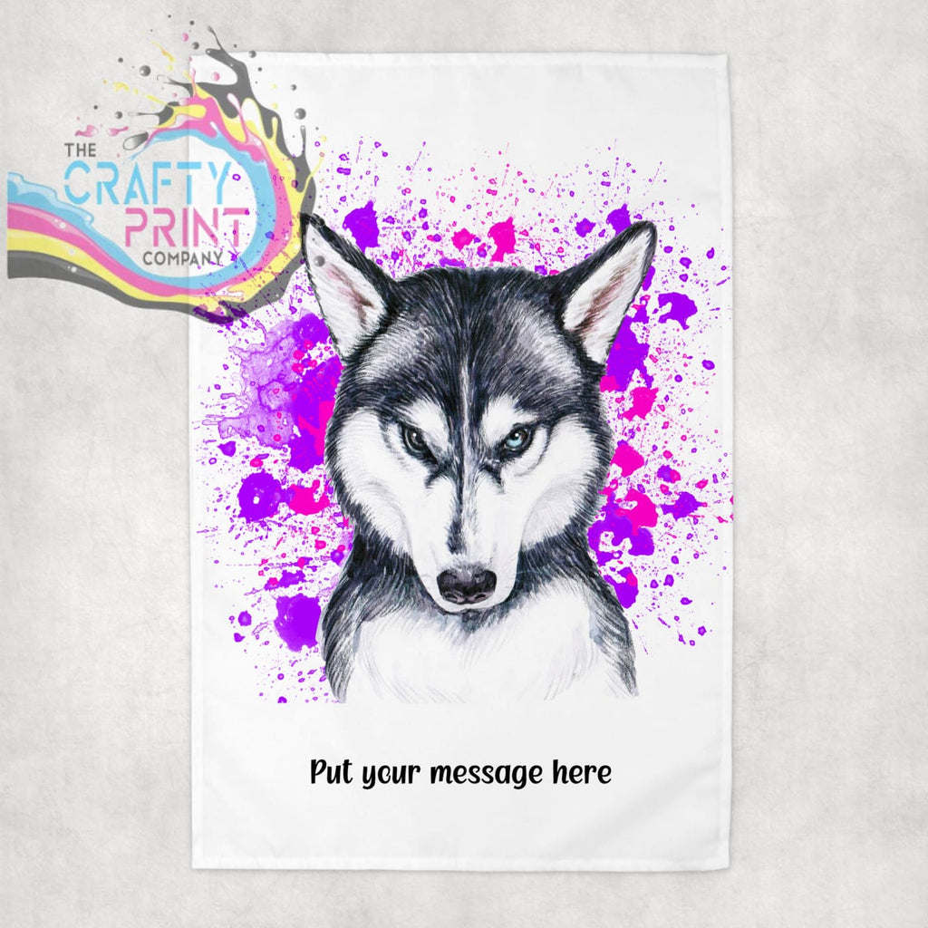 Husky Paint Splatter Personalised Tea Towel - Pink - Purple