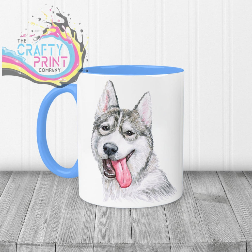 Husky Tongue Out Mug - Blue Handle & Inner - Mugs