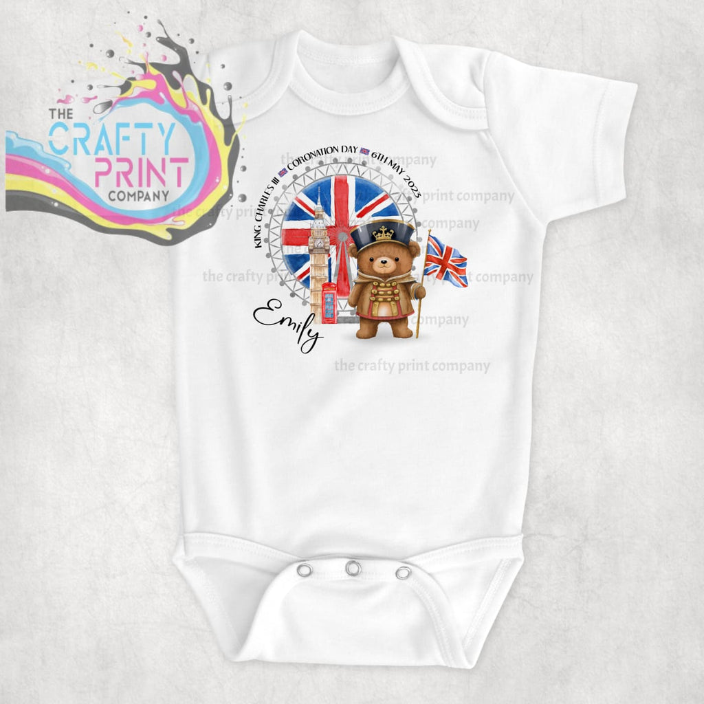King Charles Coronation Teddy Flag Baby Vest Personalised