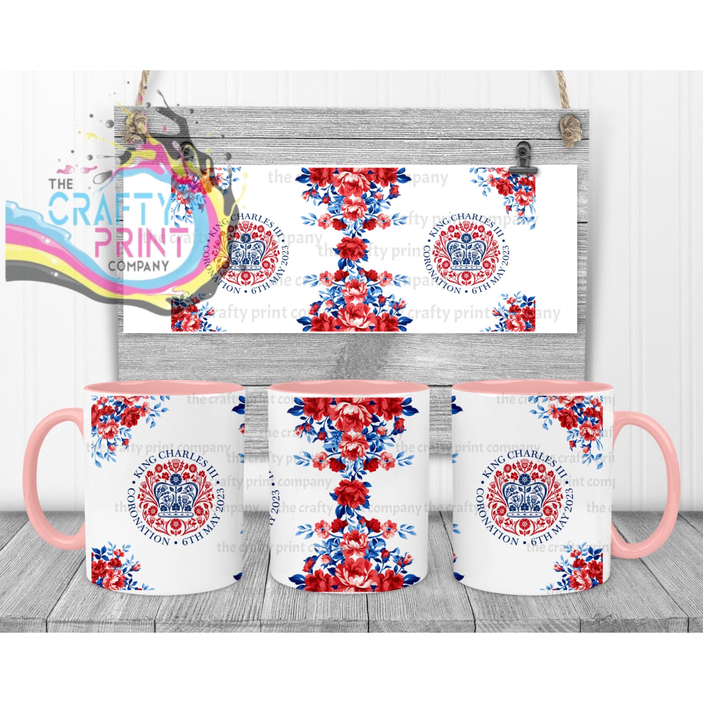 King Charles III Coronation Logo Flowers Mug - Pink Handle