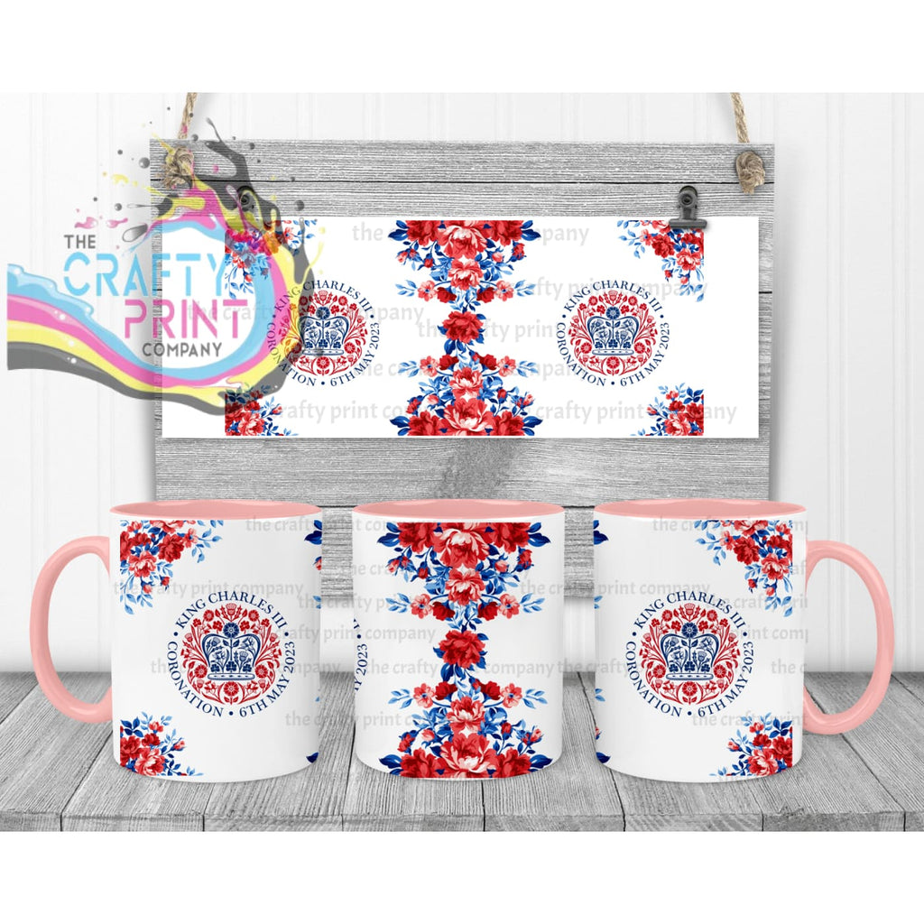 King Charles III Coronation Logo Flowers Mug - Pink Handle