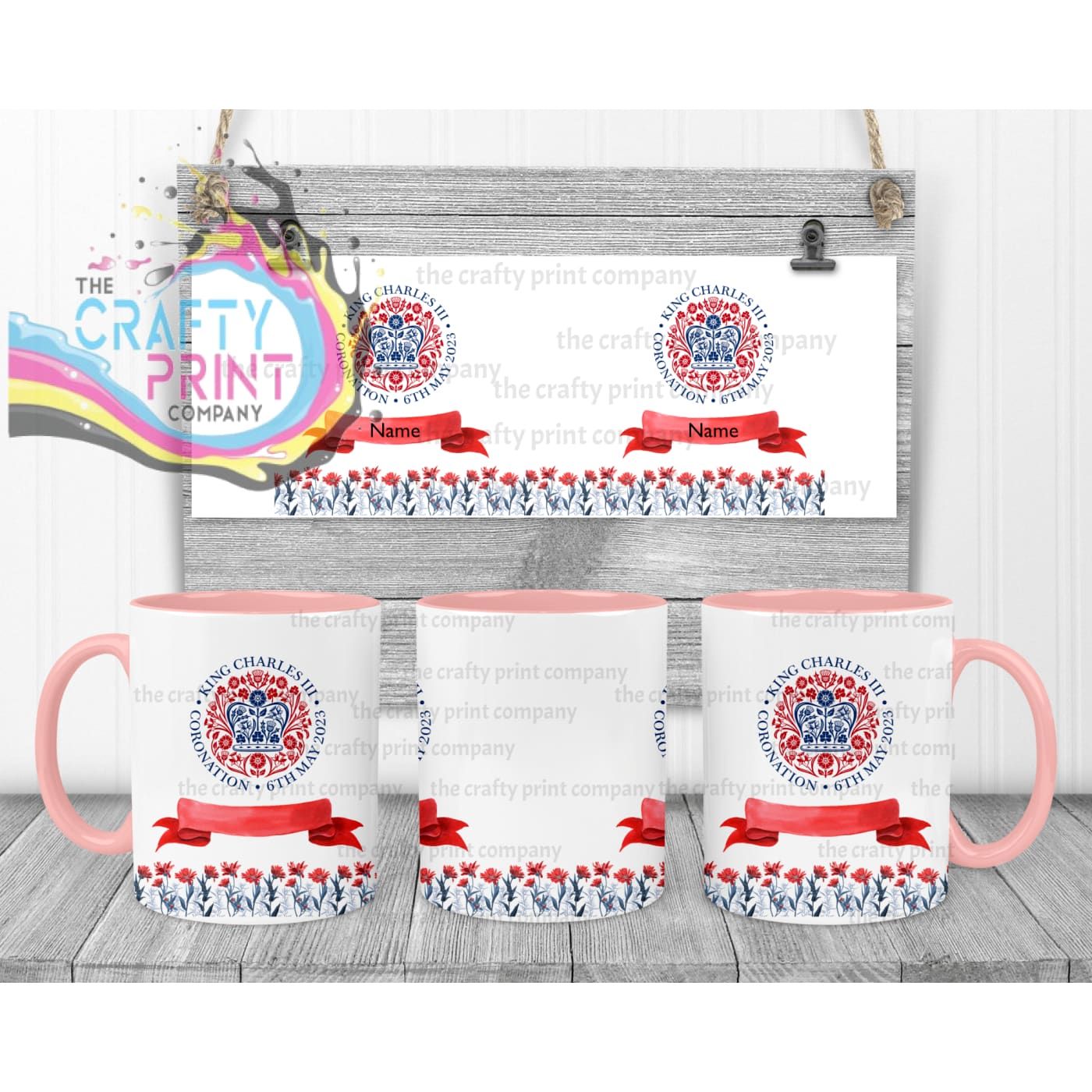 King Charles III Coronation Logo Scroll Mug - Pink Handle &