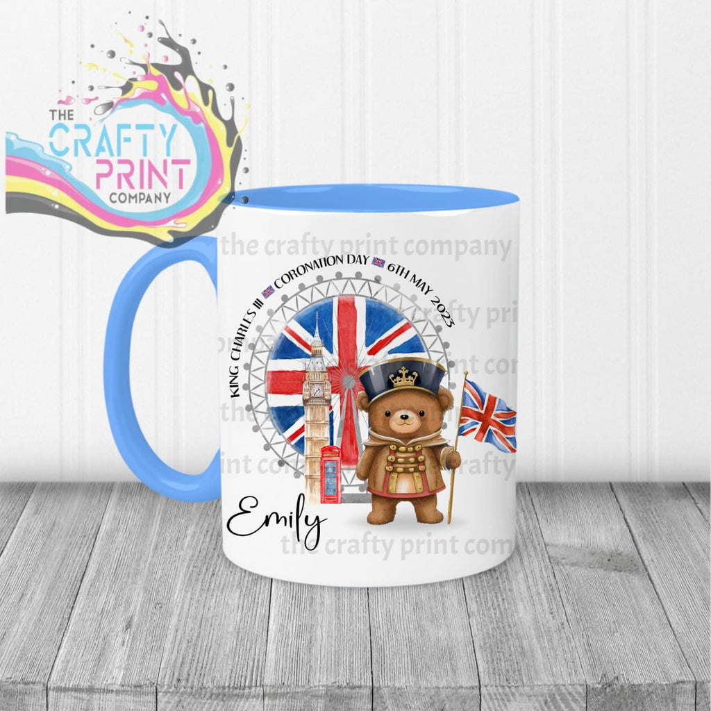 King Charles III Coronation Teddy Flag Mug - Blue Handle &