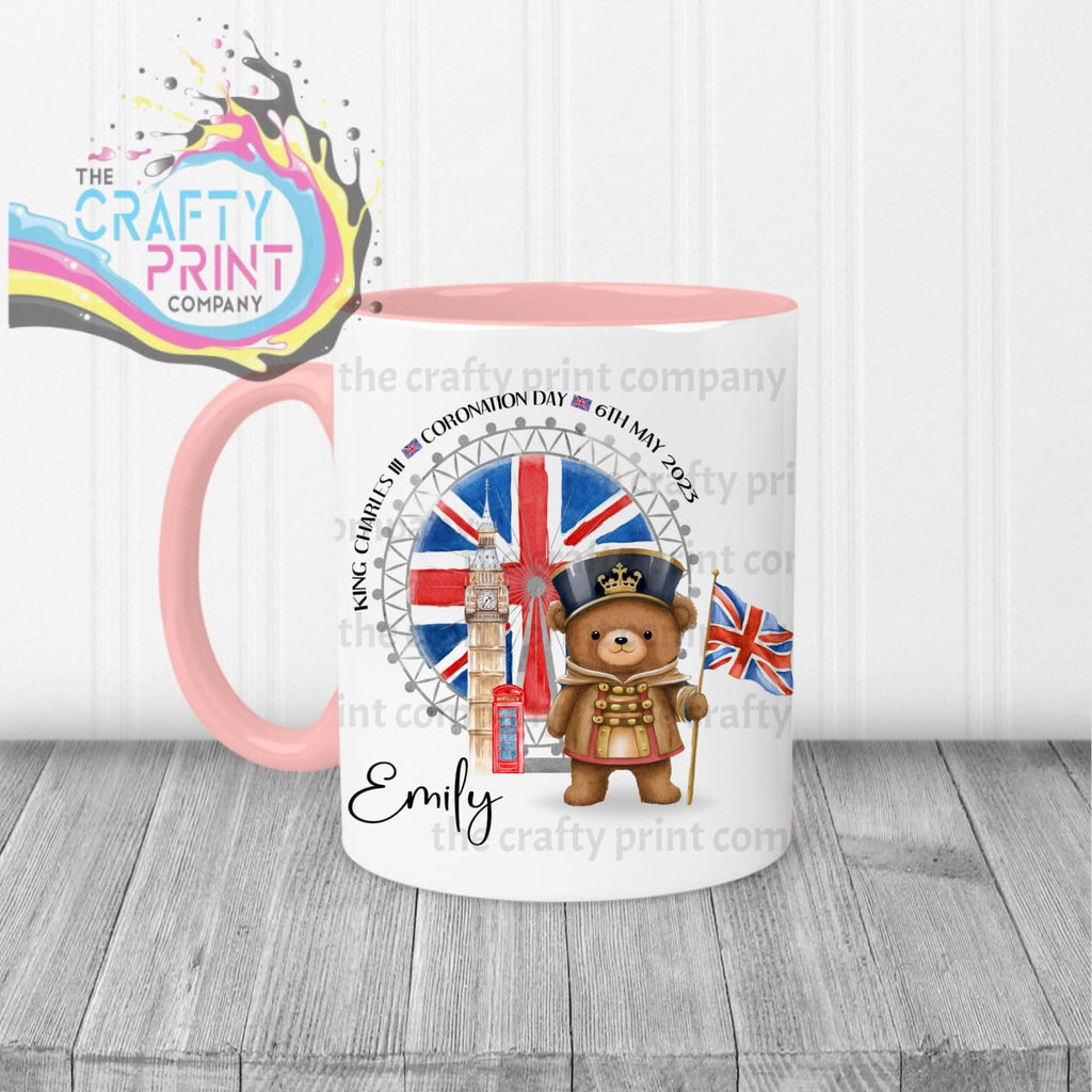 King Charles III Coronation Teddy Flag Mug - Pink Handle &