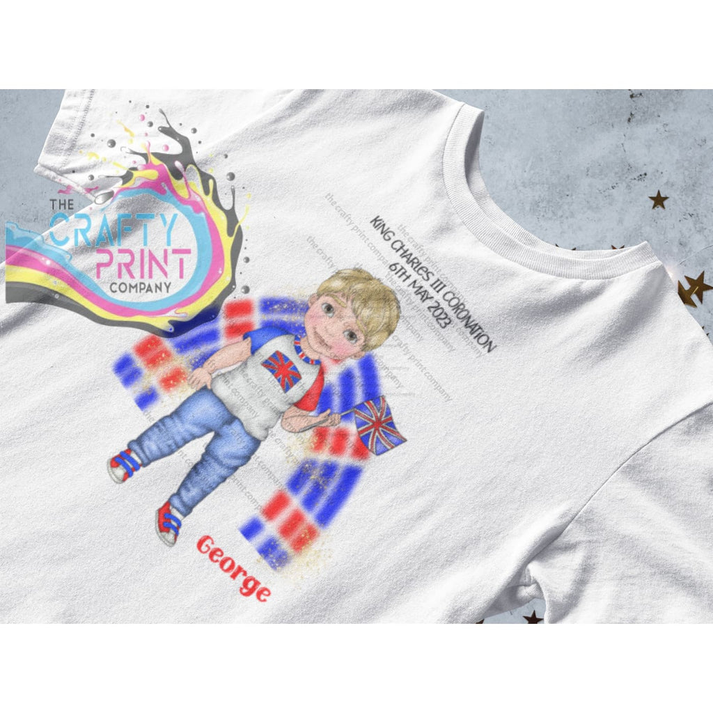 Kings Coronation Boy with Rainbow T-shirt Personalised