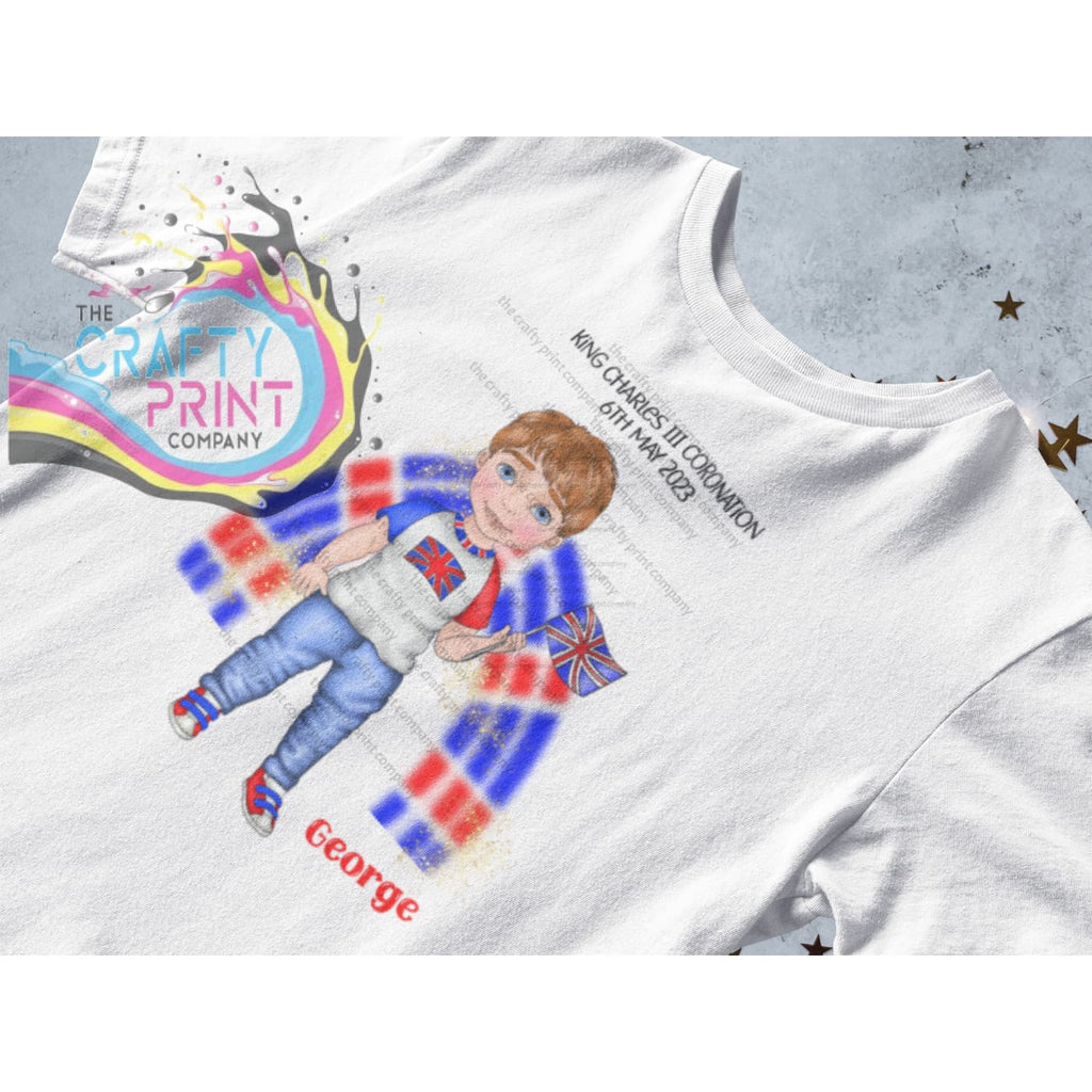 Kings Coronation Boy with Rainbow T-shirt Personalised - Red