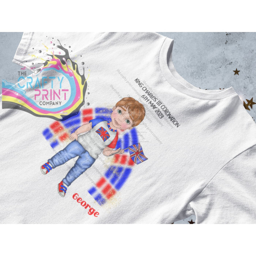 Kings Coronation Boy with Rainbow T-shirt Personalised - Red