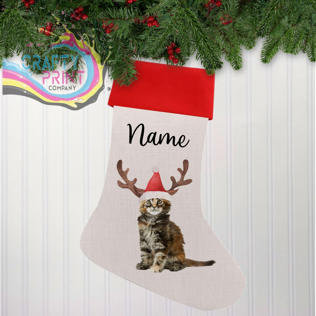 Kitten with Antlers Personalised Linen Christmas Stocking -