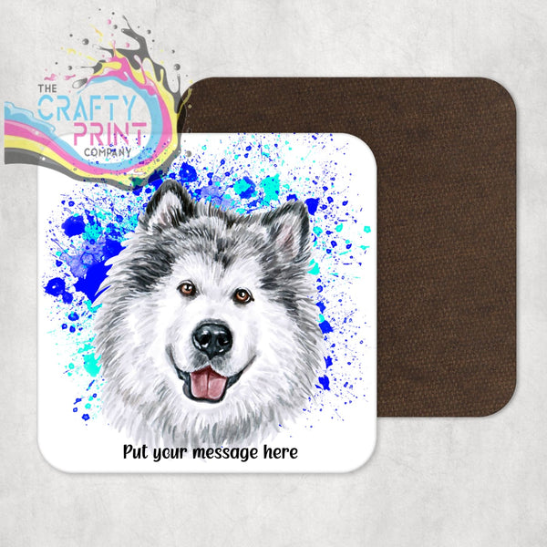 Malamute Paint Splatter Personalised Coaster - Blue - Green