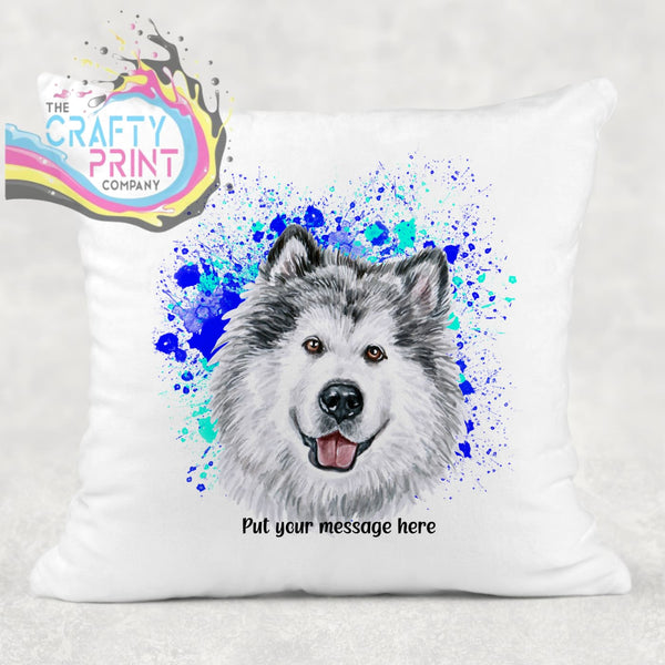 Malamute Paint Splatter Personalised Cushion - Blue - Green