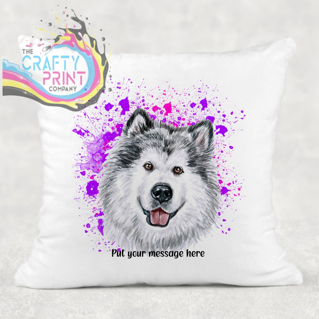 Malamute Paint Splatter Personalised Cushion - Pink - Purple