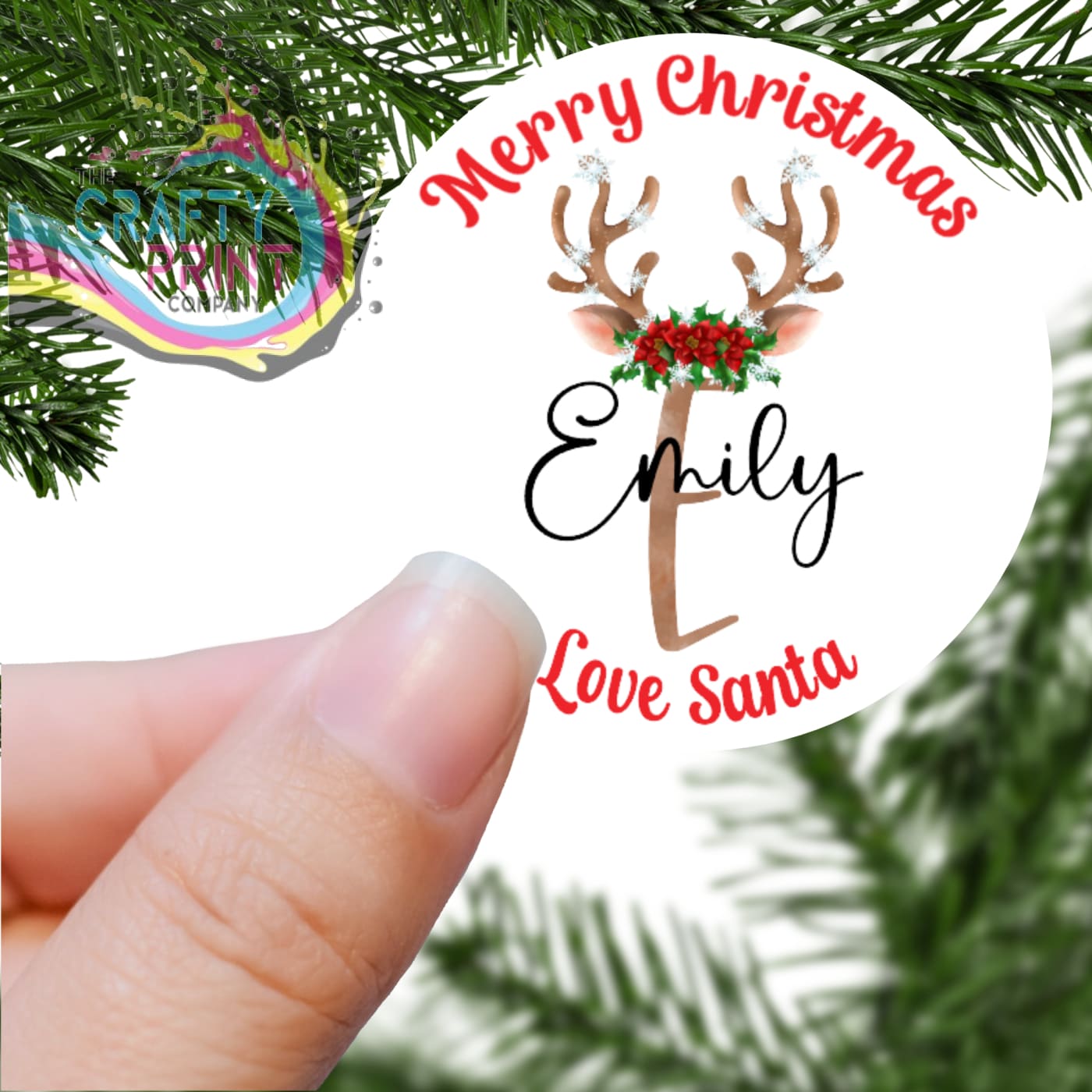 Merry Christmas Reindeer Antler Printed Sticker