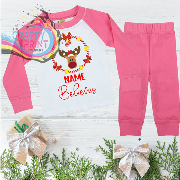 Name Believes Reindeer Christmas Pyjamas - Pink