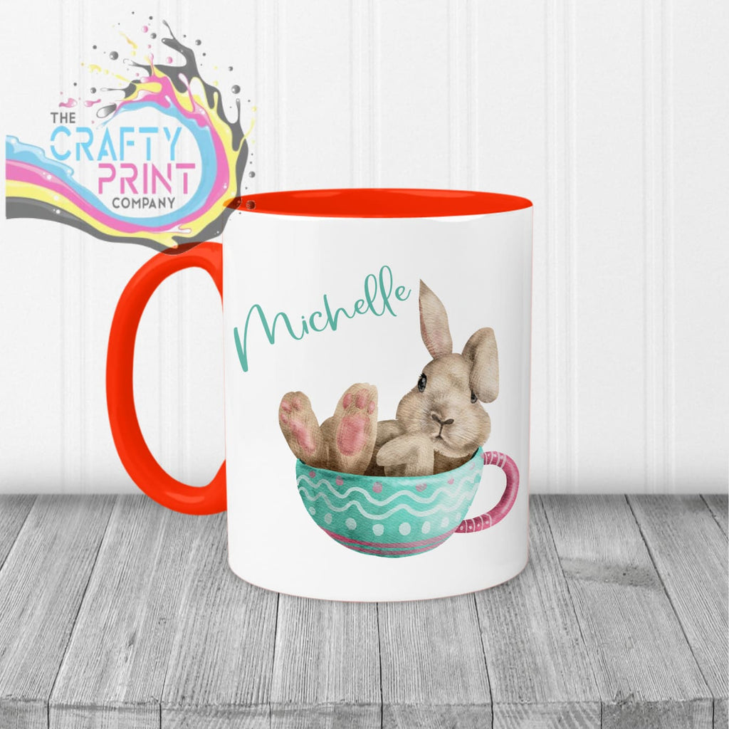 Rabbit in Cup Personalised Easter Mug - Red Handle & Inner