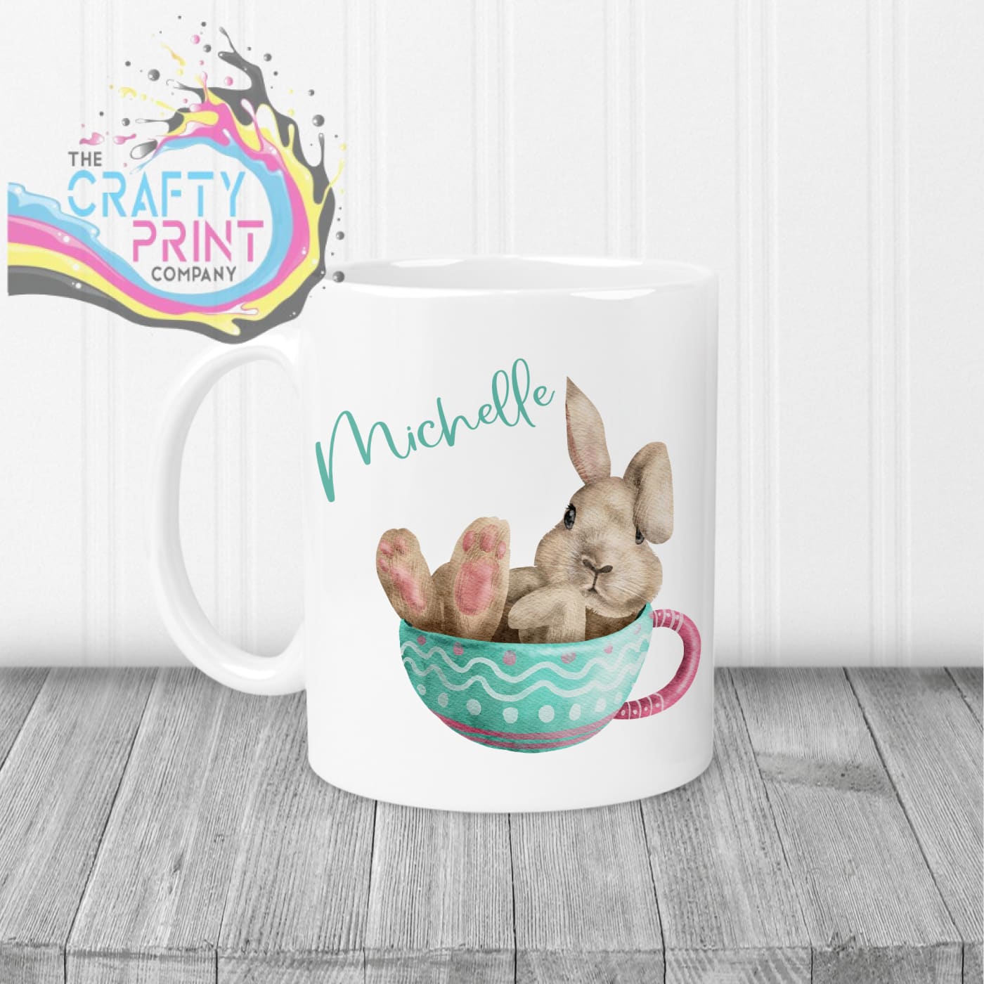 Rabbit in Cup Personalised Easter Mug - White Handle &