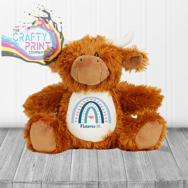 Rainbow Personalised Highland Cow Soft Toy - Blue - Stuffed